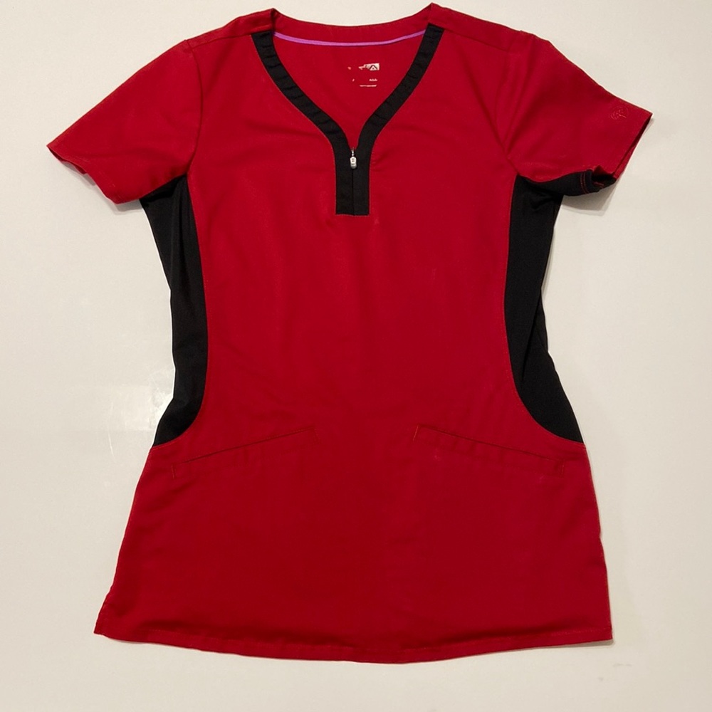 XS red and black healing hands purple label yoga scrub top